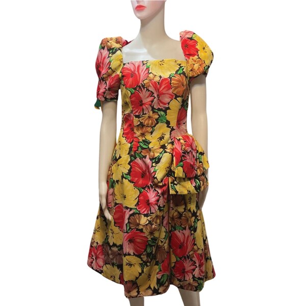 Victor Costa 1980s Floral Cocktail Dress