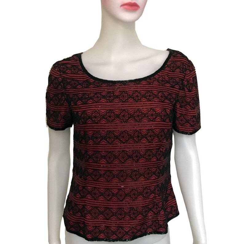 Vintage 1980s Niteline Red and Black Beaded Silk Blouse image 1