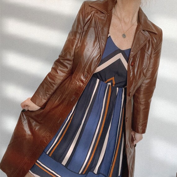 Vintage 1970s Cognac Color Leather Trench Coat - image 8