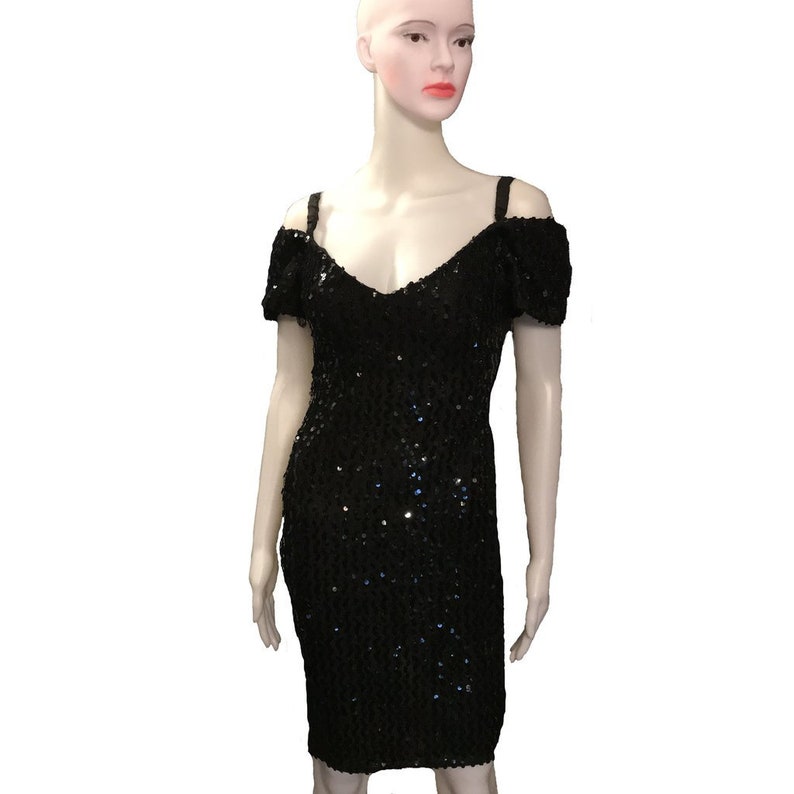 Vintage 1980s Black Sequined Convertible Cocktail Dress image 1