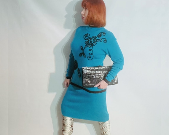 Vintage 1980s Adolfo Teal Blue Embroidered Sweate… - image 1