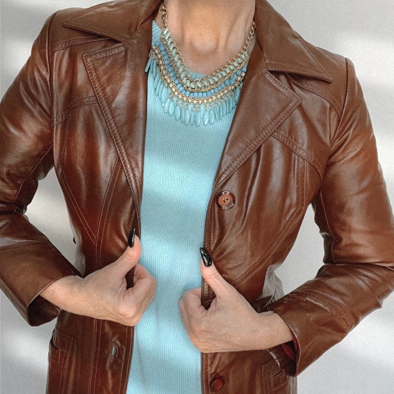 Vintage 1970s Cognac Color Leather Trench Coat - image 10