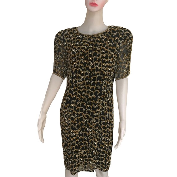 Vintage 1980s Oleg Cassini Black Tie Beaded Silk C