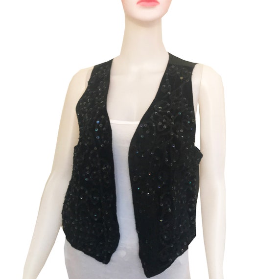 Vintage 1970s Black Velvet Sequined Vest - image 1