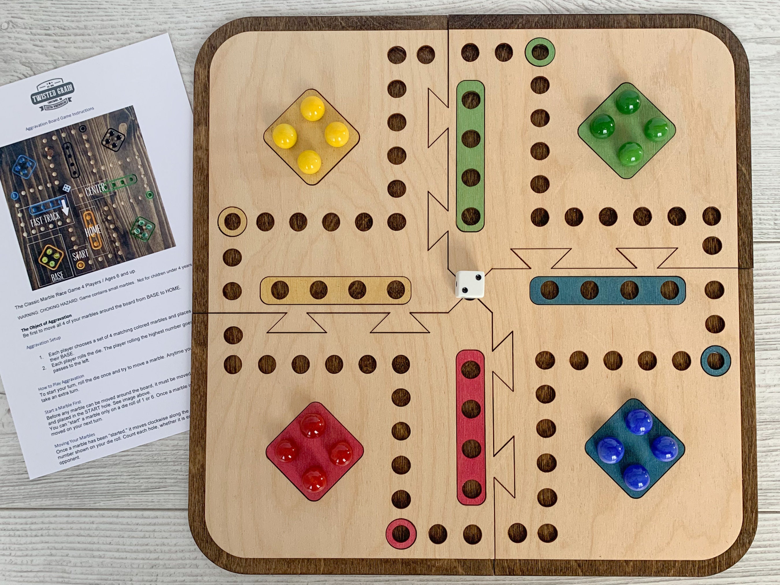 Aggravation Board Game 2 to 4 player. Hand made. Wahoo, Marble Wood gj