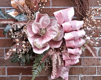Victorian Soft Pink Grapevine Wreath with  Magnolia and wide  Ribbon is Perfect on Front Door or Inside as Focal Point for Valentine's Day