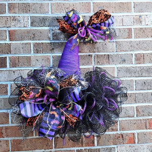 Halloween Witch's Hat-Shaped Wreath in Purple and Black, Perfect for Spooky Door or Wall Decor with Spider Web Ribbon and Bat