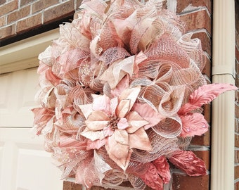Rose Gold Wreath for Front Door or Interior, Lovely Victorian Wall Decor,  Holiday Wreath, Mauve Wreath, Gold and  Pink Poinsettia Wreath.