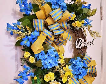 Bright Grapevine Wreath with Yellow Flowers and Blue Hydrangeas, Perfect Any Season as a Lovely, Golden Fav