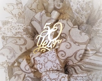 50 Year Gold Wreath or Front Door Wreath for Any Season As Wall or Door Décor, Personalized, Retirement or 50th Anniversary Wreath.