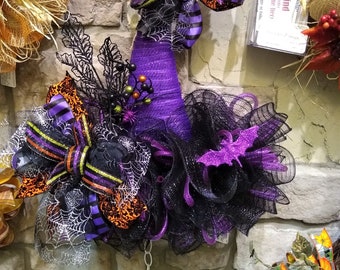 Halloween Witch's Hat-Shaped Wreath Is Elegant in Purple and Black, Larger Version for Door or Wall with Spider Web Ribbon and Purple Bat