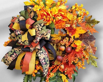 Bright Gold and Orange Fall Floral Grapevine Wreath with Large Multi-Colored Bow for Door, Wall Décor Is a Lovely Autumn Favorite.