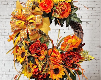 Bright Gold, Orange and Rust Fall Grapevine Wreath with Peonies and Sunflowers Has a Large, Gold, Multi-Layered Bow with Berries and Gourds
