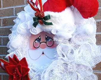 Santa Face Wreath with Fluffy White Hair, Beard and Large Elegant Santa Hat with Berries and Sparkles, Perfect for Front Door or Inside Wall