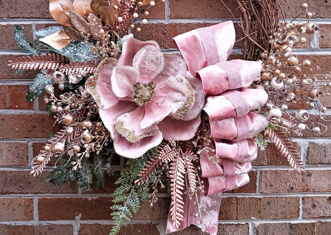 Victorian Soft Pink Grapevine Wreath With Magnolia and Wide Ribbon is ...