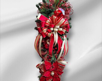 Oversized Christmas Swag Wreath with Sparkling Jewels, Huge Poinsettia, Evergreens and Red Berries, Perfect for Front Door, Columns or Wall