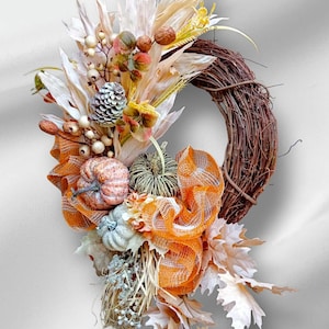 Harvest, Earth Tone, Grapevine Wreath with Corn Husks, Pumpkins and Ruffles in Subtle, Soft Deep Orange Checked Jute Mesh