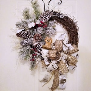 Winter Grapevine Wreath with Sweet Little Woodland Creature in Snow Covered Forest,  as Front Door Décor or Inside as Darling Focal Point