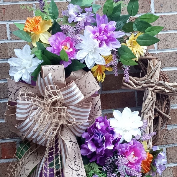 Bright Field Florals on Grapevine with Rustic Cross for Door or Wall Used Year Round - Spring, Summer & Fall is a Religious Wreath Favorite.