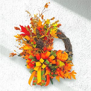 Bright, Gold and Orange, Fall Grapevine Wreath with Large Multi Colored Bow and Pumpkin for Door, Wall Décor