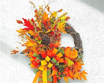 Bright, Gold and Orange, Fall Grapevine Wreath with Large Multi Colored Bow and Pumpkin for Door, Wall Décor