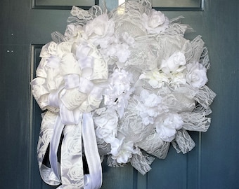 White Wedding Wreath, romantic door or wall décor for event, church or home is perfect for pre-wedding festivities/bridal showers & wedding