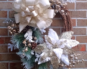 Lovely, Winter, Front Door Wreath or Interior Decor with Large, White, Iced  Poinsettia Is a White and Gold Snow Covered Vision