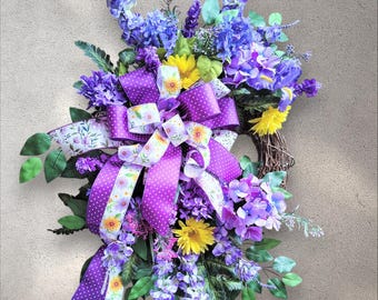 Bright Purple and Yellow Floral Grapevine Wreath for Door or Wall Décor