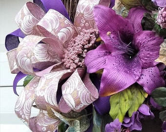 Purple and Plum Peony and Lily Grapevine Wreath for Door or Wall Décor Perfect Year Round - Spring, Summer & Fall is a lovely Favorite