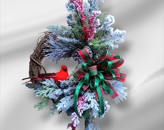 Winter or Christmas Grapevine Wreath with Red Cardinal, Evergreens, Red Berries and Multi-layered Bow Is Perfect for Front Door or Inside
