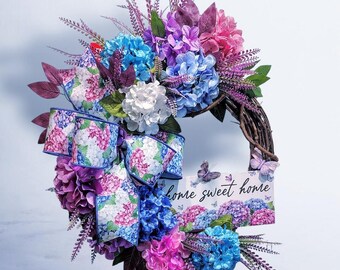 Blue, Purple, Teal and Pink Hydrangea Grapevine Wreath for Dynamic Entrance or Interior Décor