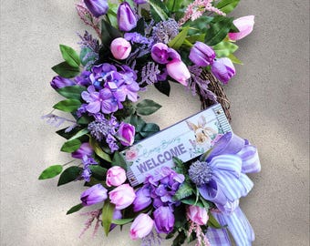 Bright Purple Tulip Grapevine Wreath with Welcome Sign for Door or Wall Perfect for Spring and Transitioning through Summer