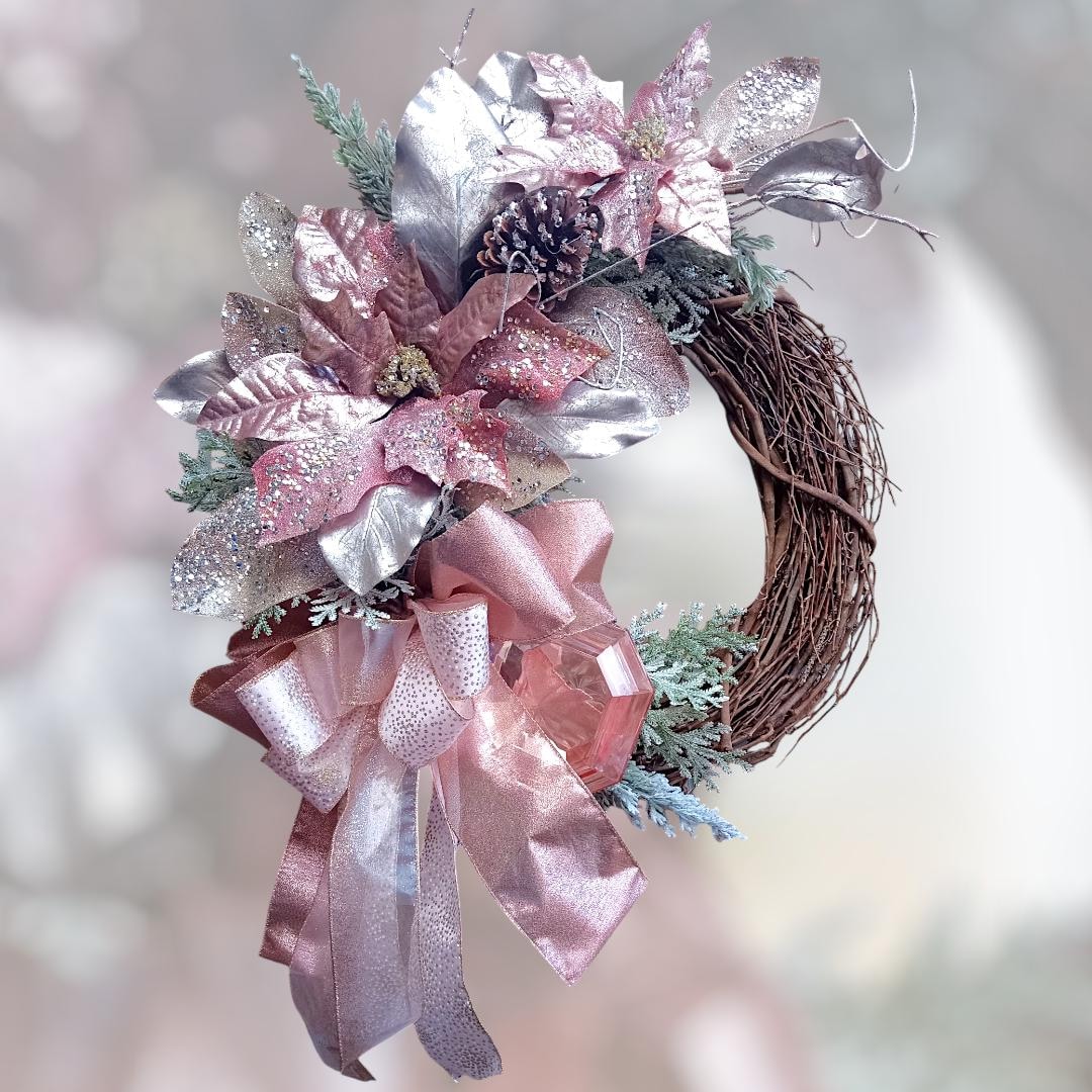 Elegant Pink and Rose-gold Holiday Wreath With Huge Glitzy Poinsettias ...