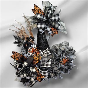 Halloween Witch's Hat-Shaped Wreath in Trendy Buffalo Print, Perfect for Door or Wall Decor with Spiders and Web Ribbon
