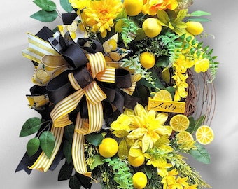 Bright Lemon Grapevine Wreath with Multi-Layered Bow for Door, Wall Décor Is Zesty Choice for Everyday and Ripe for Late Summer Into Fall.