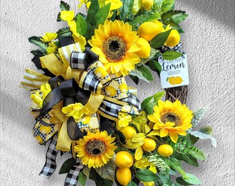 Bright Grapevine Wreath with Lemons, Sunflowers and Multi-Layer Bow for Door, Wall Décor Is Everyday Wreath Ripe for Summer Into Fall.