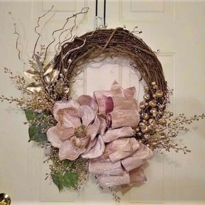 Grapevine Wreath With Magnolia and Romantic Victorian Ribbon is Soft ...