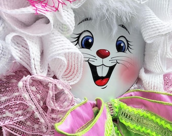 Sweet Easter Bunny Boy or Girl Face with Fluffy Ears Is Tucked into a Pink or Blue and White Snowball Deco Mesh Wreath