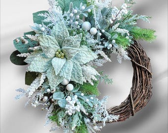 Frosted, Winter Wreath with Sage Green Oversized Flower Is a Vision for Cold Weather