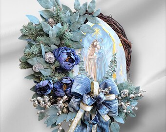 Nativity Grapevine Wreath with Blue Velvet Bow and Deep Blue Peonies, Perfect as a Lovely, Lush Holiday Decor