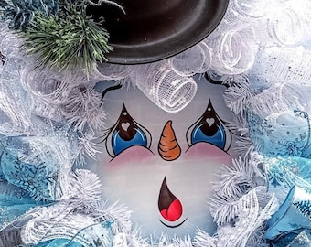 Snowman Face Wreath with Fluffy, Snowy White Hair, Collar and Elegant Top Hat with Berries and Sparkles, Perfect for Front Door or Inside