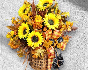 Sunflower Door Hanger Basket in Yellow, Gold and Orange Fall Florals Is Wall Décor for Late Summer and Autumn