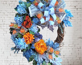 Light Blue, Fall Grapevine Wreath with Blue Hydrangeas, Colorful Peonies, Perfect as a Lovely, Lush Entry Focal