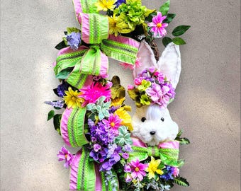 Large Sisal Bunny Head Adorns this Pastel, Floral, Oval, Grapevine Wreath with Bright Designer 4 Inch Bow