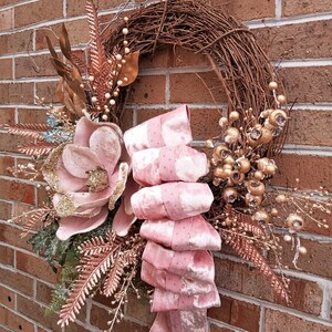 Victorian Soft Pink Grapevine Wreath With Magnolia and Wide Ribbon is ...