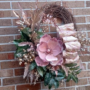 Victorian Soft Pink Grapevine Wreath With Magnolia and Wide Ribbon is ...