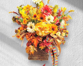 Door Hanger Basket ín Bright Yellow, Gold and Orange Florals Is Wall Décor in Lush, Fall Colors for Late Summer and Autumn