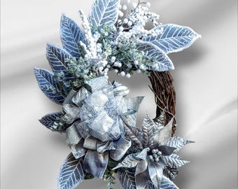 Snowy, Winter Wall Décor or Front Door Wreath with Large Sage Colored Leaves and Oversized Bow Is a White, Green and Silvery Winter Vision