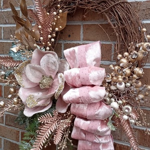Victorian Soft Pink Grapevine Wreath With Magnolia and Wide Ribbon is ...