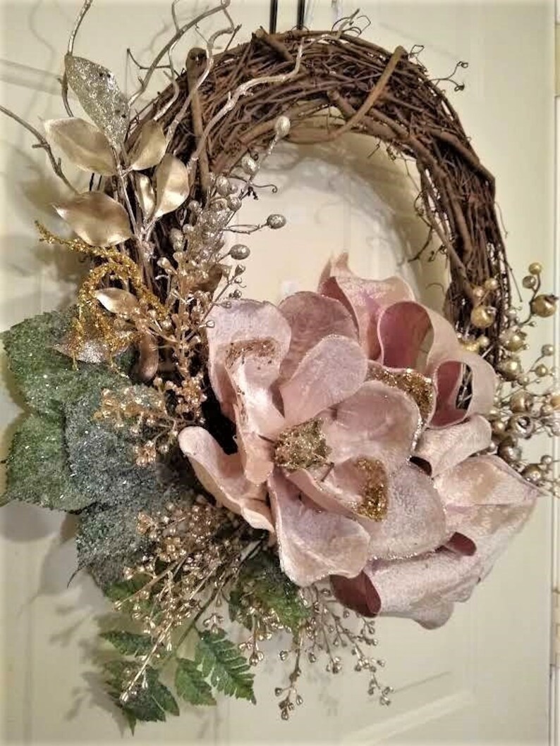 Grapevine Wreath With Magnolia and Romantic Victorian Ribbon is Soft ...